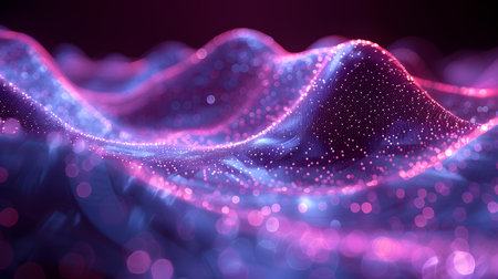 Smooth flowing data waves with digital motion lines. Ideal for cyber themes, AI, and futuristic data visualizations.の写真素材