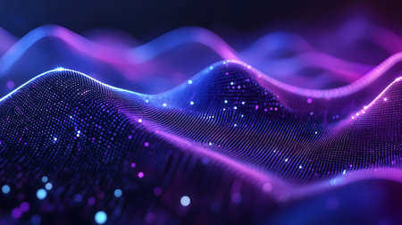 Smooth flowing data waves with digital motion lines. Ideal for cyber themes, AI, and futuristic data...