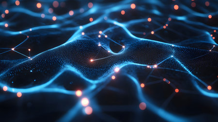 AI-inspired network background showing connections and nodes. Ideal for machine learning, big data,...