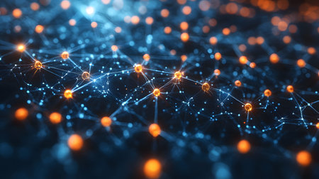AI-inspired network background showing connections and nodes. Ideal for machine learning, big data,...