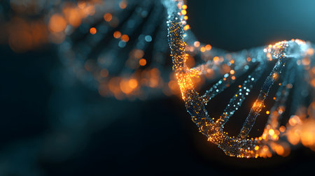 Futuristic background featuring DNA helix in a digital space. Perfect for biotechnology, AI in health, and science-based visuals.の写真素材