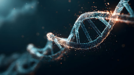 Futuristic background featuring DNA helix in a digital space. Perfect for biotechnology, AI in health, and science-based visuals.の写真素材