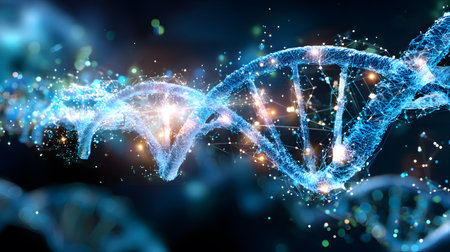 Futuristic background featuring DNA helix in a digital space. Perfect for biotechnology, AI in health, and science-based visuals.の写真素材