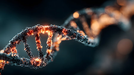 Futuristic background featuring DNA helix in a digital space. Perfect for biotechnology, AI in health, and science-based visuals.の写真素材