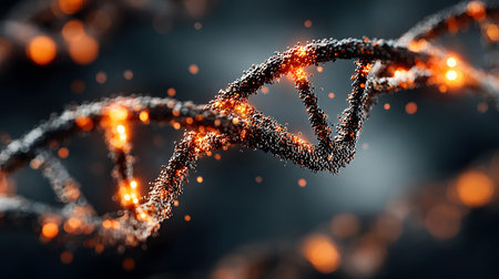 Futuristic background featuring DNA helix in a digital space. Perfect for biotechnology, AI in health, and science-based visuals.の写真素材