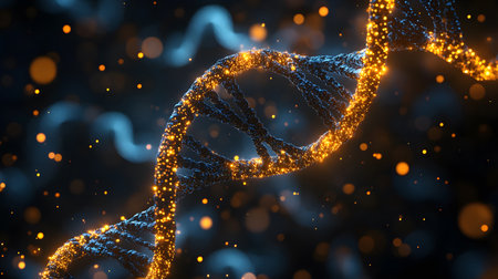 Futuristic background featuring DNA helix in a digital space. Perfect for biotechnology, AI in health, and science-based visuals.の写真素材