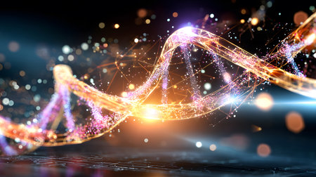 Futuristic background featuring DNA helix in a digital space. Perfect for biotechnology, AI in health, and science-based visuals.の写真素材