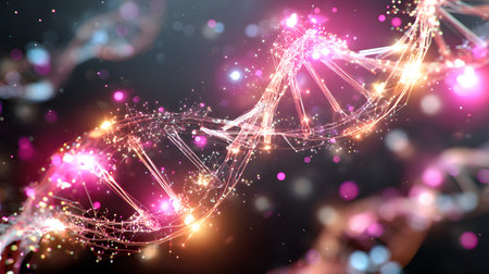 Futuristic background featuring DNA helix in a digital space. Perfect for biotechnology, AI in...