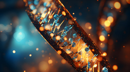 Futuristic background featuring DNA helix in a digital space. Perfect for biotechnology, AI in health, and science-based visuals.の写真素材