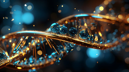 Futuristic background featuring DNA helix in a digital space. Perfect for biotechnology, AI in health, and science-based visuals.の写真素材