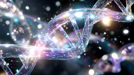 Futuristic background featuring DNA helix in a digital space. Perfect for biotechnology, AI in...