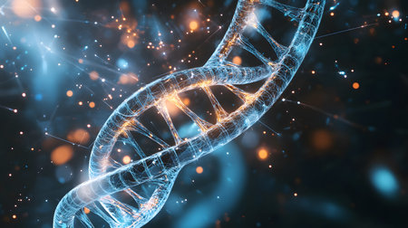Futuristic background featuring DNA helix in a digital space. Perfect for biotechnology, AI in...
