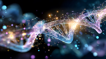 Futuristic background featuring DNA helix in a digital space. Perfect for biotechnology, AI in health, and science-based visuals.の写真素材