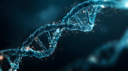 Futuristic background featuring DNA helix in a digital space. Perfect for biotechnology, AI in health, and science-based visuals.の写真素材