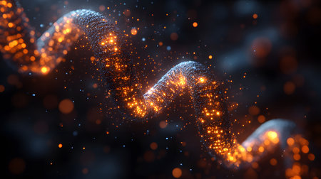 Futuristic background featuring DNA helix in a digital space. Perfect for biotechnology, AI in health, and science-based visuals.の写真素材