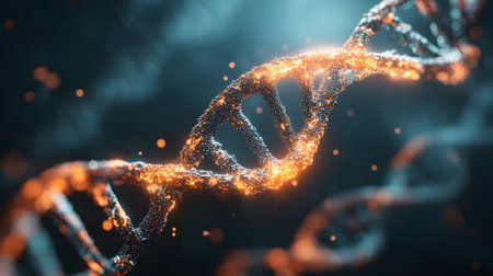 Futuristic background featuring DNA helix in a digital space. Perfect for biotechnology, AI in health, and science-based visuals.の写真素材