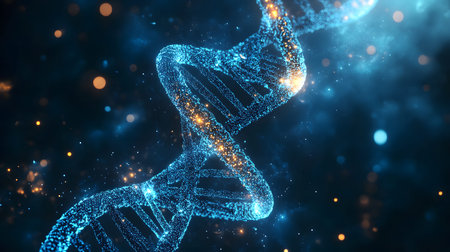Futuristic background featuring DNA helix in a digital space. Perfect for biotechnology, AI in...