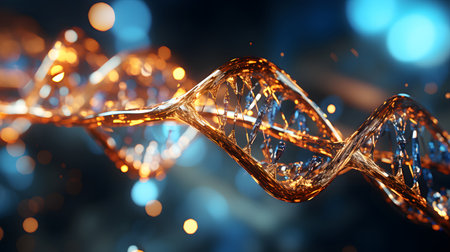 Futuristic background featuring DNA helix in a digital space. Perfect for biotechnology, AI in health, and science-based visuals.の写真素材