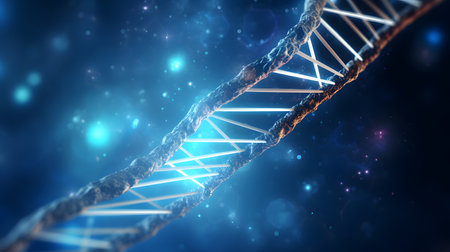 Futuristic background featuring DNA helix in a digital space. Perfect for biotechnology, AI in health, and science-based visuals.の写真素材