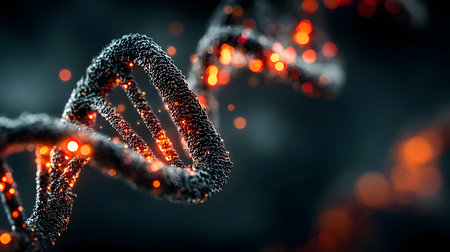 Futuristic background featuring DNA helix in a digital space. Perfect for biotechnology, AI in health, and science-based visuals.の写真素材