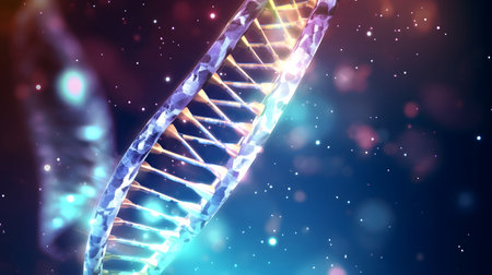 Futuristic background featuring DNA helix in a digital space. Perfect for biotechnology, AI in health, and science-based visuals.の写真素材