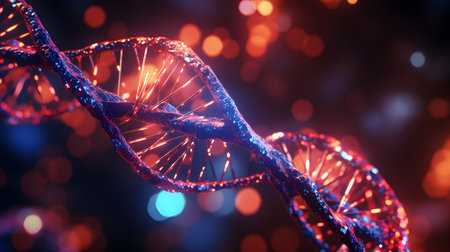 Futuristic background featuring DNA helix in a digital space. Perfect for biotechnology, AI in...