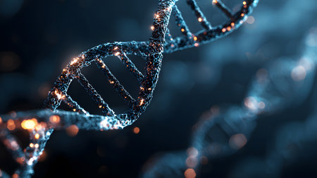 Futuristic background featuring DNA helix in a digital space. Perfect for biotechnology, AI in health, and science-based visuals.の写真素材