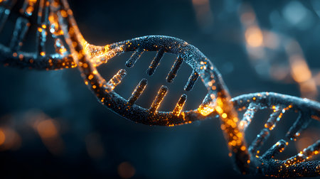 Futuristic background featuring DNA helix in a digital space. Perfect for biotechnology, AI in health, and science-based visuals.の写真素材