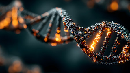 Futuristic background featuring DNA helix in a digital space. Perfect for biotechnology, AI in health, and science-based visuals.の写真素材