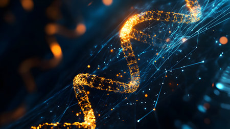 Futuristic background featuring DNA helix in a digital space. Perfect for biotechnology, AI in health, and science-based visuals.の写真素材