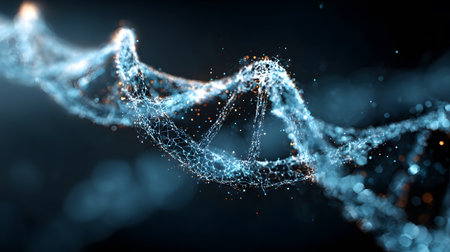 Futuristic background featuring DNA helix in a digital space. Perfect for biotechnology, AI in health, and science-based visuals.の写真素材