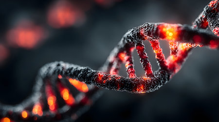 Futuristic background featuring DNA helix in a digital space. Perfect for biotechnology, AI in health, and science-based visuals.の写真素材