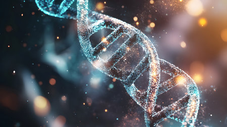 Futuristic background featuring DNA helix in a digital space. Perfect for biotechnology, AI in health, and science-based visuals.の写真素材