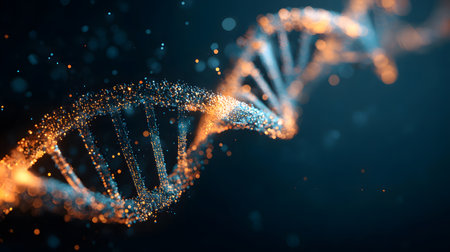 Futuristic background featuring DNA helix in a digital space. Perfect for biotechnology, AI in health, and science-based visuals.の写真素材