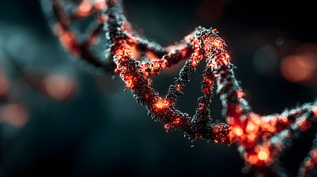 Futuristic background featuring DNA helix in a digital space. Perfect for biotechnology, AI in health, and science-based visuals.の写真素材