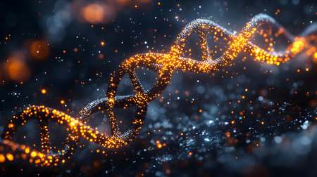 Futuristic background featuring DNA helix in a digital space. Perfect for biotechnology, AI in health, and science-based visuals.の写真素材