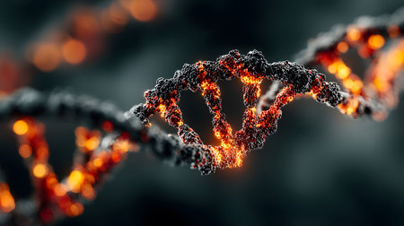 Futuristic background featuring DNA helix in a digital space. Perfect for biotechnology, AI in health, and science-based visuals.の写真素材