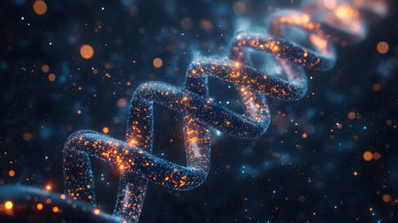 Futuristic background featuring DNA helix in a digital space. Perfect for biotechnology, AI in health, and science-based visuals.の写真素材
