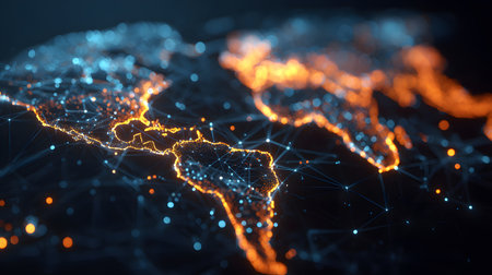 Global network background with connection paths and data points. Ideal for internet, cloud systems, or global tech branding.の写真素材