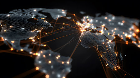 Global network background with connection paths and data points. Ideal for internet, cloud systems, or global tech branding.の写真素材