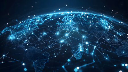 Global network background with connection paths and data points. Ideal for internet, cloud systems, or global tech branding.の写真素材