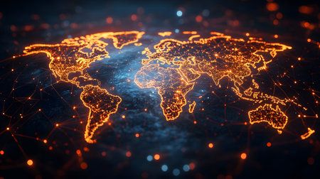Global network background with connection paths and data points. Ideal for internet, cloud systems, or global tech branding.の写真素材