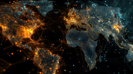 Global network background with connection paths and data points. Ideal for internet, cloud systems, or global tech branding.の写真素材