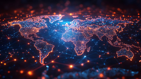 Global network background with connection paths and data points. Ideal for internet, cloud systems, or global tech branding.の写真素材