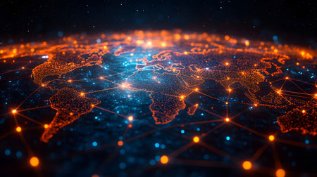Global network background with connection paths and data points. Ideal for internet, cloud systems, or global tech branding.の写真素材