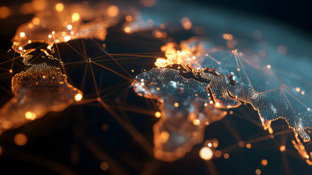 Global network background with connection paths and data points. Ideal for internet, cloud systems, or global tech branding.の写真素材