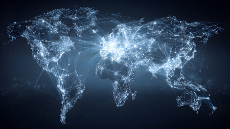 Global network background with connection paths and data points. Ideal for internet, cloud systems, or global tech branding.の写真素材