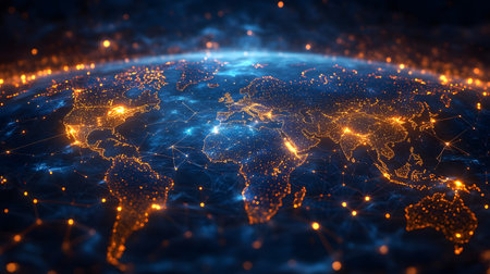 Global network background with connection paths and data points. Ideal for internet, cloud systems, or global tech branding.の写真素材