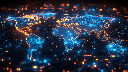 Global network background with connection paths and data points. Ideal for internet, cloud systems, or global tech branding.の写真素材