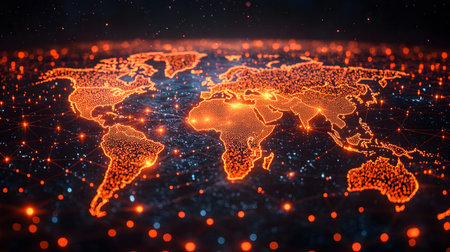Global network background with connection paths and data points. Ideal for internet, cloud systems, or global tech branding.の写真素材